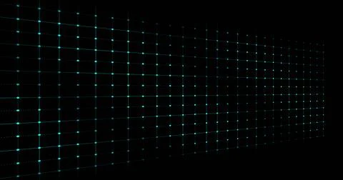 Composition of network of rows of blue dots and copy space on black background Stock Illustration