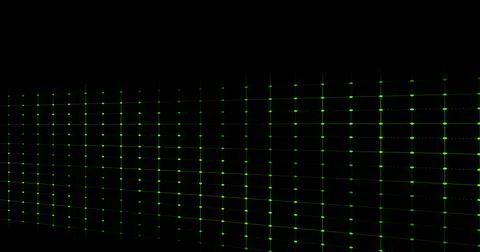 Composition of network of rows of green dots and copy space on black background Illustrazione stock