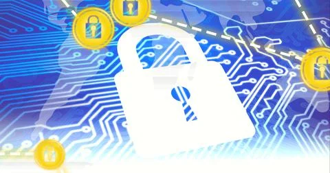 Composition of network of security padlock icons over world map computer circuit Stock Illustration