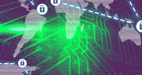 Composition of network of security padlock icons over world map computer circuit 스톡 일러스트