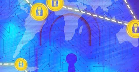 Composition of network of security padlock icons over world map computer circuit Stock Illustration