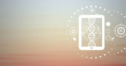 Composition of network of tablet and icons with copy space over gradient Stock Photos