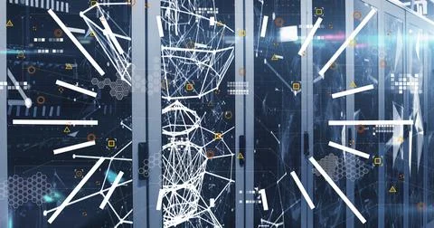 Composition of networks, statistics and data processing over server room Ilustração Stock
