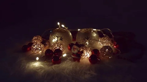 Composition of New Year's Christmas tree toys, balls, electric yellow lights Stock Footage 82189797