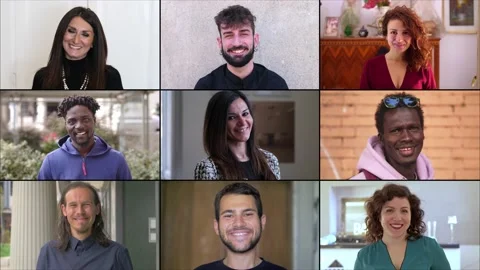 Composition on nine multiethnic people smiling at camera Stock Footage 219394300