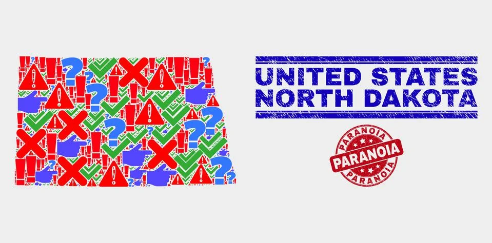 Composition of North Dakota State Map Sign Mosaic and Distress Paranoia Seal イラスト素材
