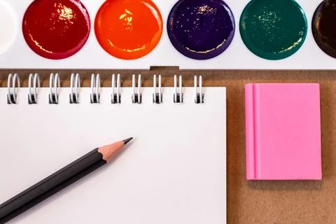 Composition with notebook blank page colorful pencil, marker and pen mock-up  스톡 사진