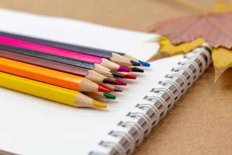Composition with notebook blank page colorful pencil, marker and pen mock-up  Stock Photos