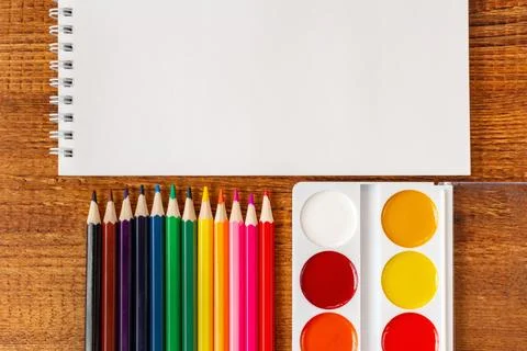 Composition with notebook blank page colorful pencil, marker and pen mock-up  스톡 사진