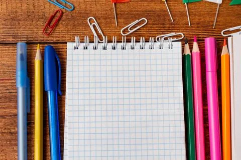 Composition with notebook blank page colorful pencil, marker and pen mock-up  스톡 사진