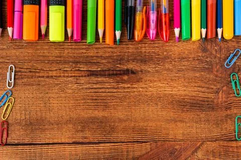 Composition with notebook blank page colorful pencil, marker and pen mock-up  Stock Photos