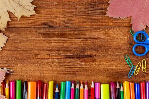 Composition with notebook blank page colorful pencil, marker and pen mock-up  Stock Photos