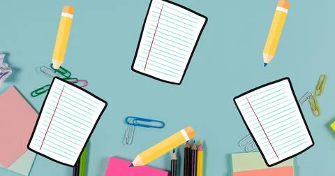 Composition of notebook pages and yellow pencils floating over desk with Stock Illustration