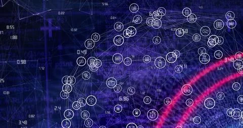 Composition of numbers and icons with network of connections on purple Ilustração Stock