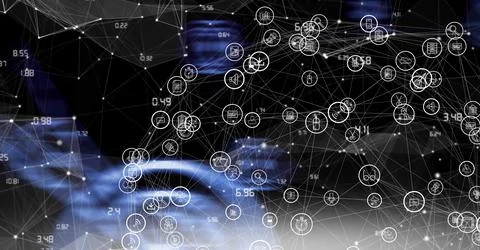 Composition of numbers and icons with network of connections on black background Stockfoto's