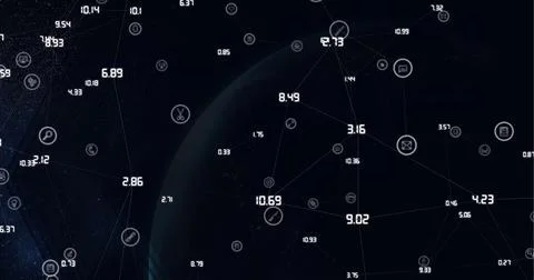 Composition of numbers with network of connections over globe on black Ilustração Stock