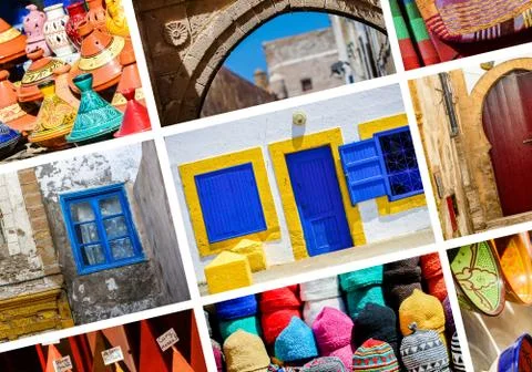 Composition of objects or typical places of Morocco Stock Photos