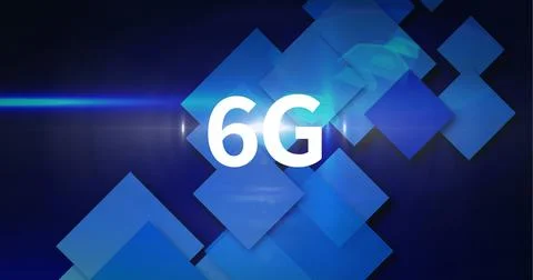 Composition of6g text over blue screens and light trails Ilustração Stock