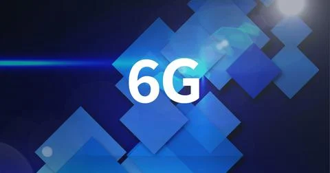 Composition of6g text over blue screens and light trails Ilustração Stock