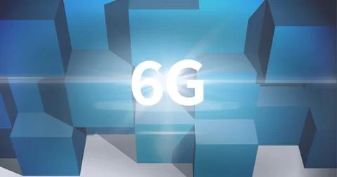 Composition of6g text over blue cubes and light trails Ilustração Stock