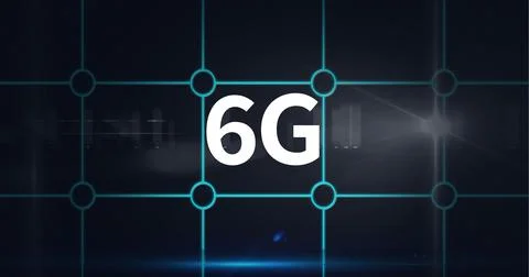 Composition of6g text over green mesh and light trails Ilustração Stock