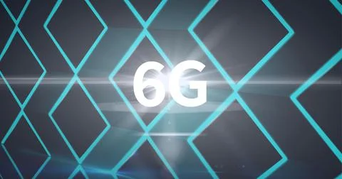 Composition of6g text over green glowing diamond shapes and light trails Ilustração Stock