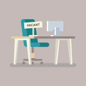 Composition with office chair Computer table and a sign vacant. Business hiring Illustrazione stock