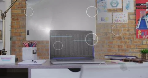 Composition of office with laptop over data processing Ilustração Stock
