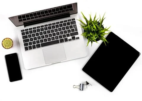 Composition of office workspace, top view. Stock Photos