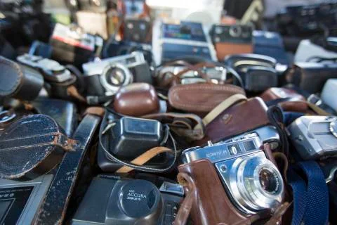 Composition of old cameras in flea market in Buenos Aires Stock Photos