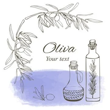 Composition of olive branches and glass bottles for oil. Vector composition.. Stock Illustration