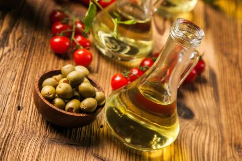 Composition of olive oils in bottles Stock Photos