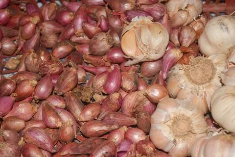 Composition of onion, garlic isolated on white background, top view Stock Photos