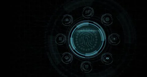Composition of online security biometric fingerprint icon on black background Ilustração Stock