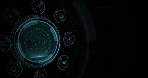 Composition of online security biometric fingerprint icon and copy space on Ilustração Stock