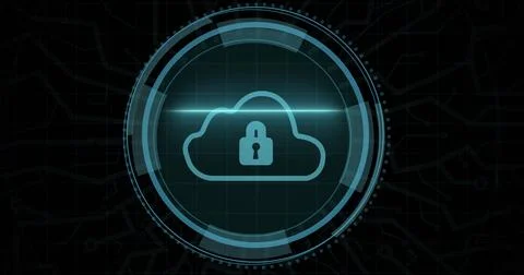 Composition of online security cloud and padlock icon on black background Illustrazione stock