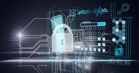 Composition of online security icon over data processing and computer circuit Stock Photos