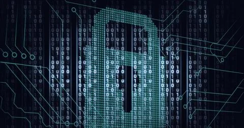 Composition of online security padlock with binary coding processing 스톡 일러스트