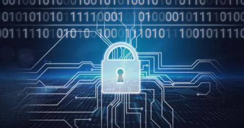 Composition of online security padlock with binary coding and computer circuit 스톡 일러스트