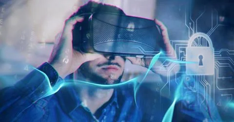 Composition of online security padlock with circuit board elements over man Foto stock