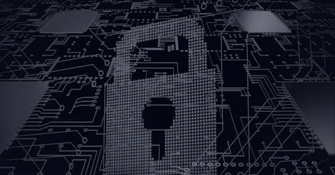 Composition of online security padlock, computer processor with connections and イラスト素材