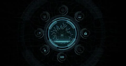 Composition of online security padlock icon on black background Ilustração Stock