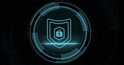 Composition of online security padlock icon on black background Ilustração Stock