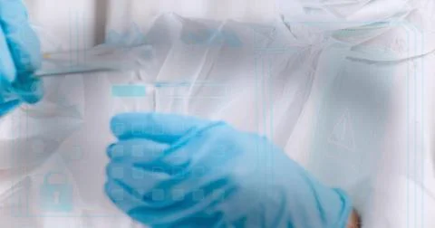 Composition of online security padlock icon over scientist with test tube 스톡 사진