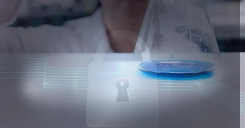 Composition of online security padlock icon over scientist with test tube Stockfoto's