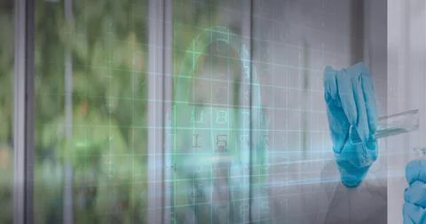 Composition of online security padlock icon over scientist with test tube Stockfoto's