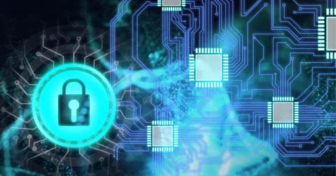 Composition of online security padlock icon over computer processor and circuit Stock Photos