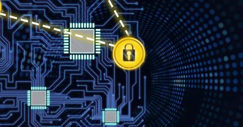 Composition of online security padlock icon over computer circuit board Stock Photos