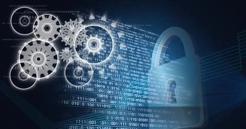 Composition of online security padlock icon, cogs and binary coding Stock Photos