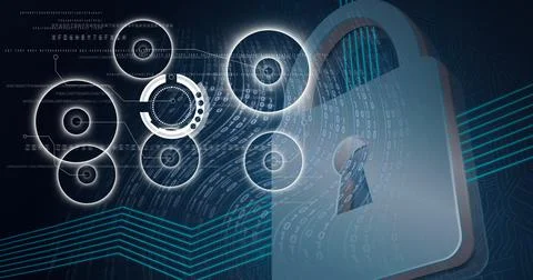 Composition of online security padlock icon, scopes and binary coding Stock Photos
